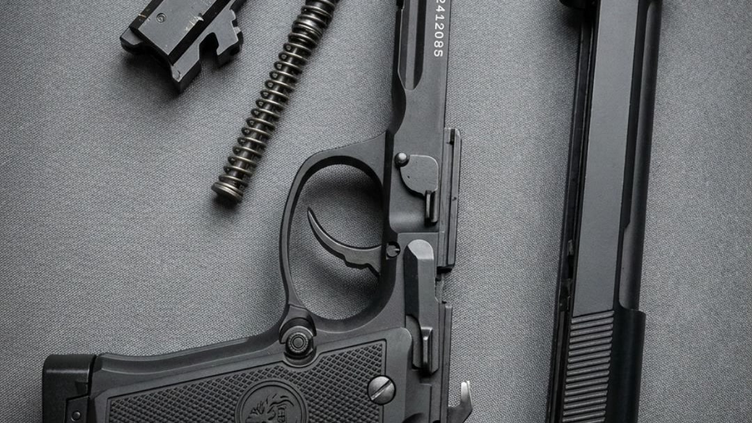 Field-stripped HG198 M92 airsoft pistol showing slide, recoil spring and guide rod