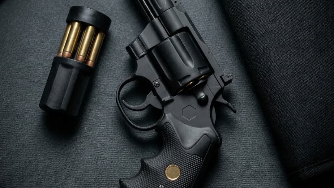 Flat-lay of the airsoft revolver with speed loader and pistol bag