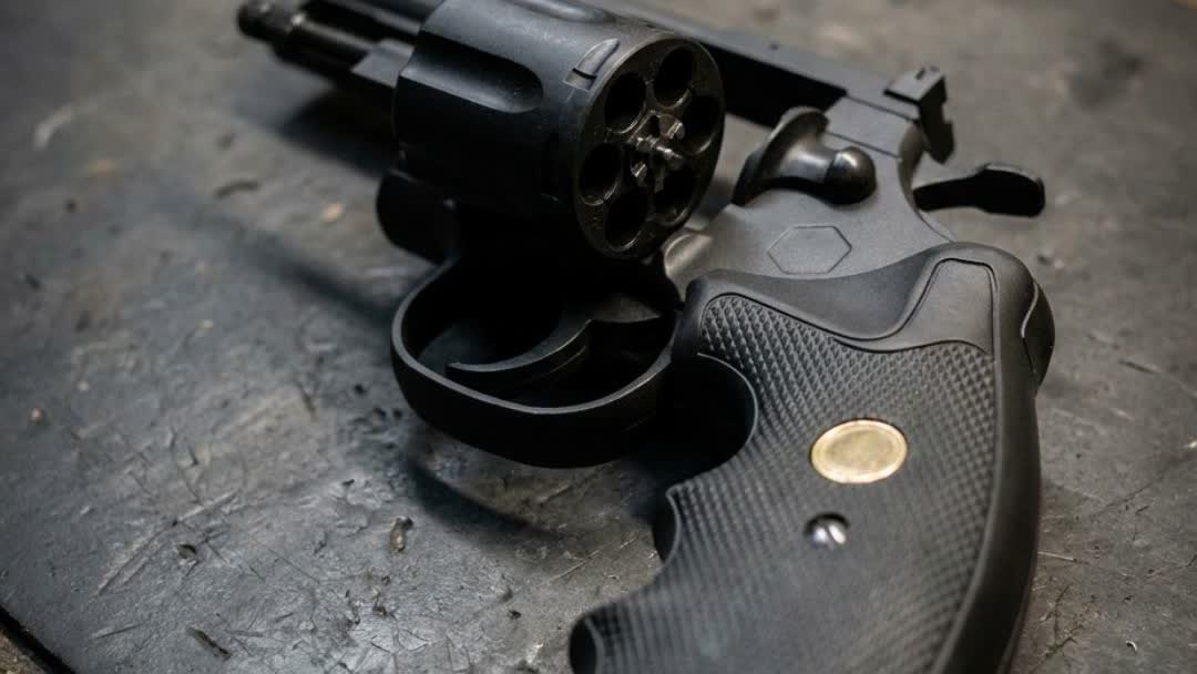 Swing-out cylinder of the CO2 revolver open on a workshop bench