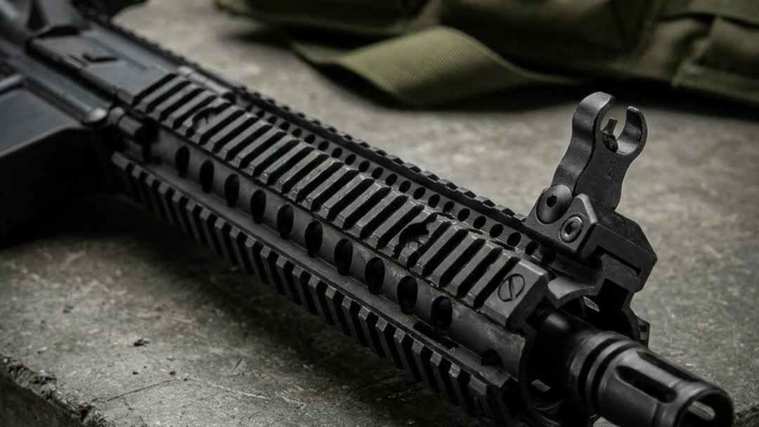 MK18 quad rail handguard and flip-up sights
