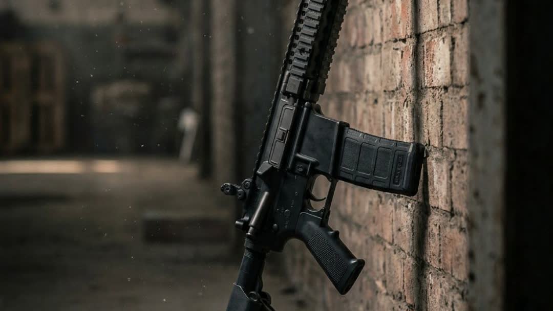 MK18 AEG leaning against a brick wall