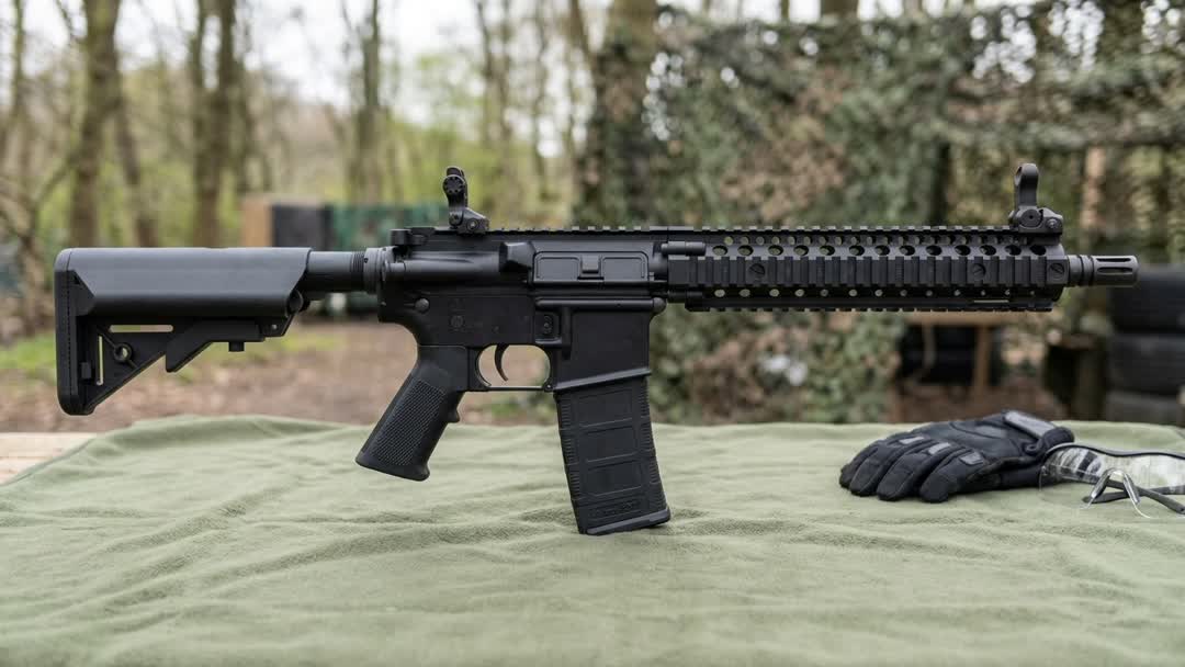 MK18-style AEG airsoft rifle on a green camping blanket with tactical glove and safety glasses