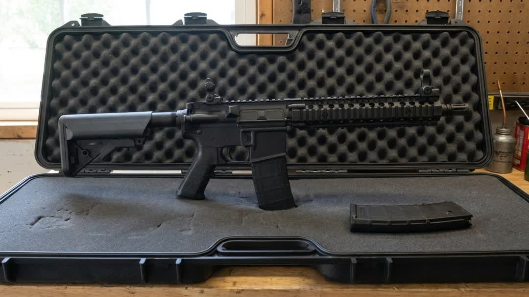 MK18-style AEG airsoft rifle stored in an open foam-lined hard gun case
