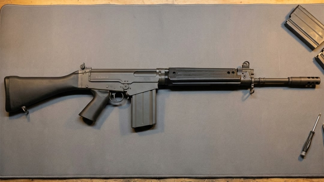 King Arms FAL AEG airsoft rifle lying flat on a grey padded work mat in a workshop