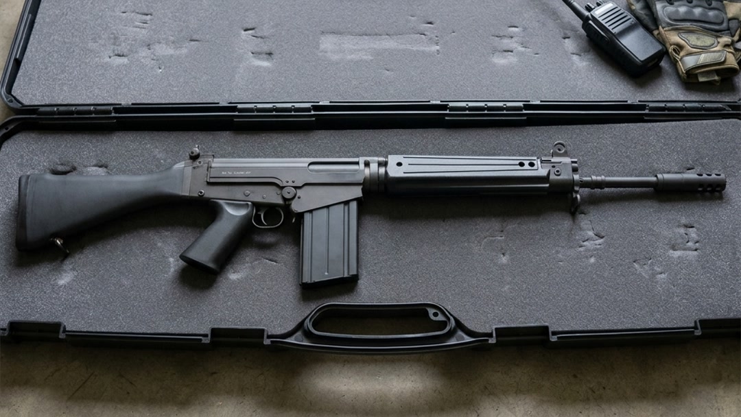 King Arms FAL AEG Full-Length Version 2 airsoft rifle lying flat in an open padded gun case