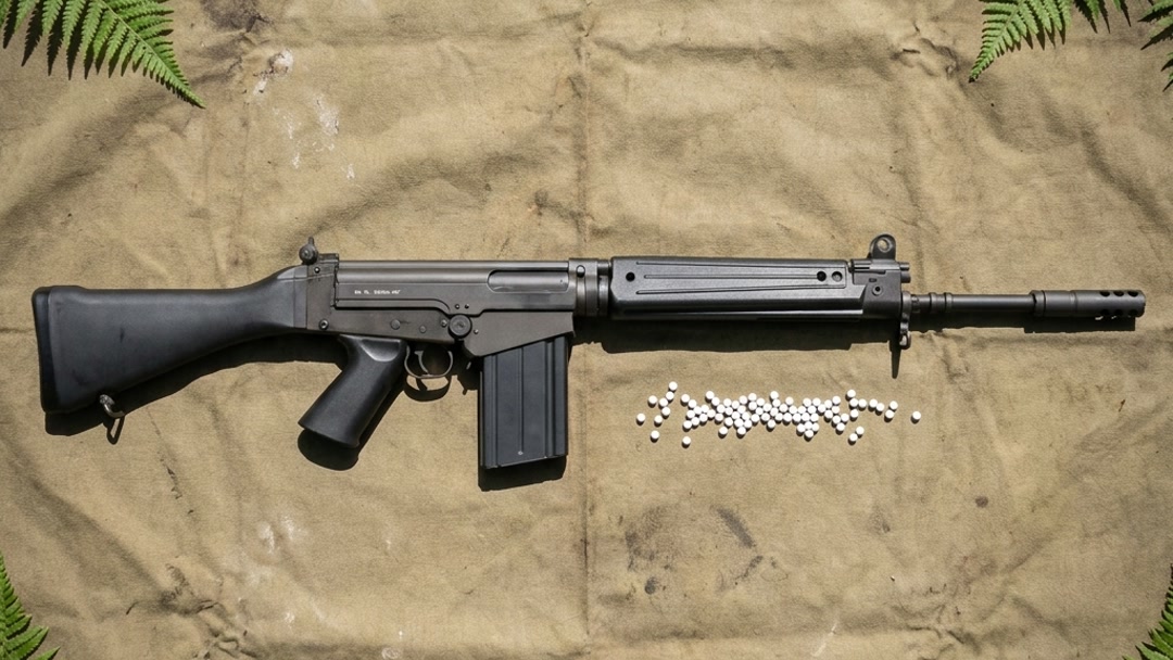 King Arms FAL AEG airsoft rifle flat-lay on a khaki canvas sheet with 6mm BBs