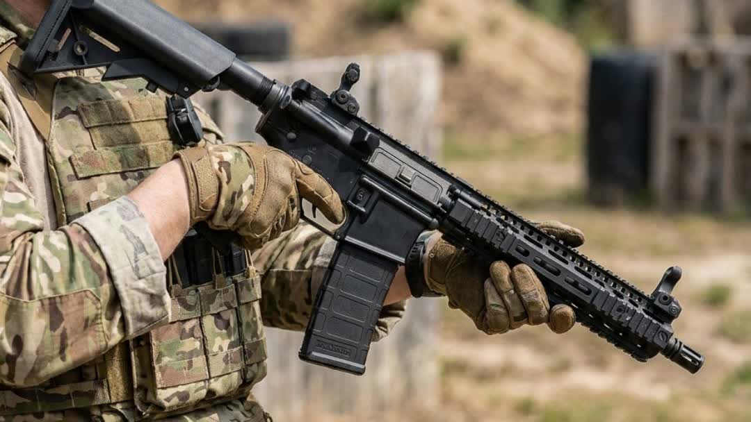Player holding the Colt x Daniel Defense TWS MK18 AEG airsoft rifle at an outdoor skirmish site
