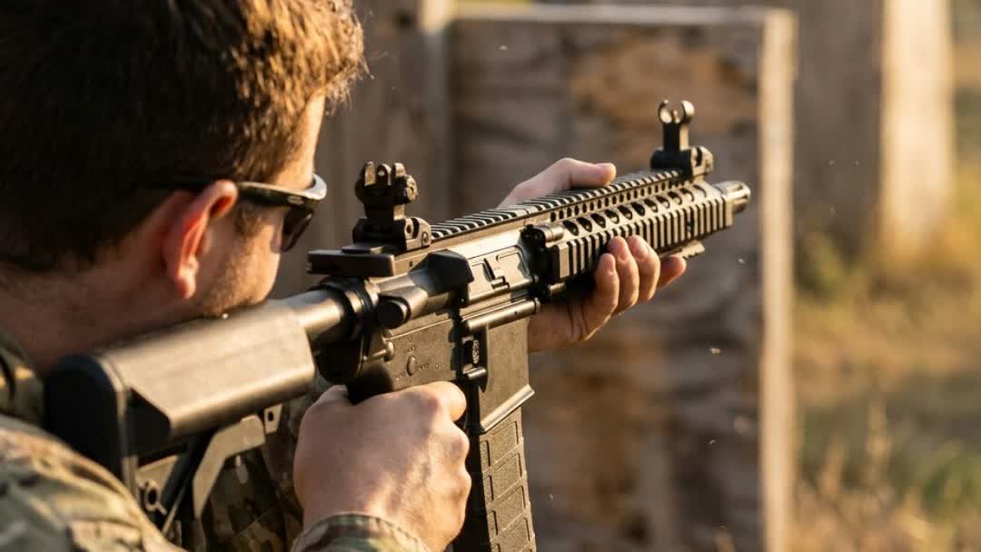 Airsoft player aiming the Colt x Daniel Defense MK18 AEG downrange in late afternoon light