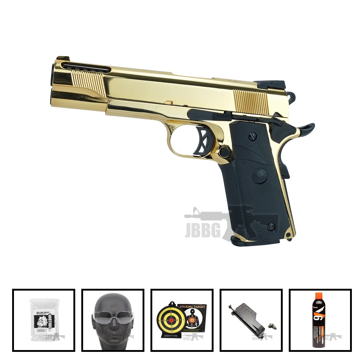 SRV-12 1911 Gas Blowback Golden Airsoft Pistol Bundle Offer Set